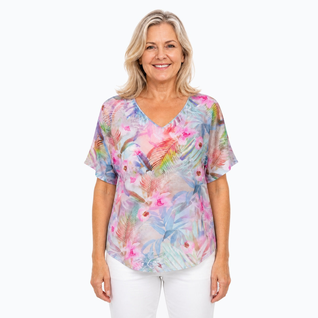 Woman wearing the Claire Powell Singapore V-Neck T-Shirt, front view