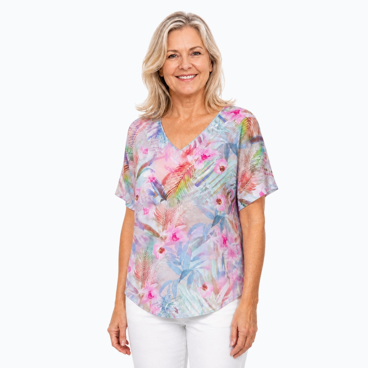 Woman wearing the Claire Powell Singapore V-Neck T-Shirt, three-quarter view