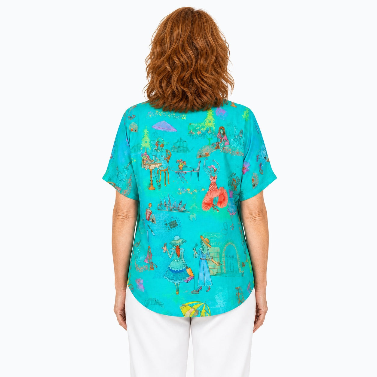 Woman wearing the Claire Powell Sirens V-Neck T-Shirt, back view
