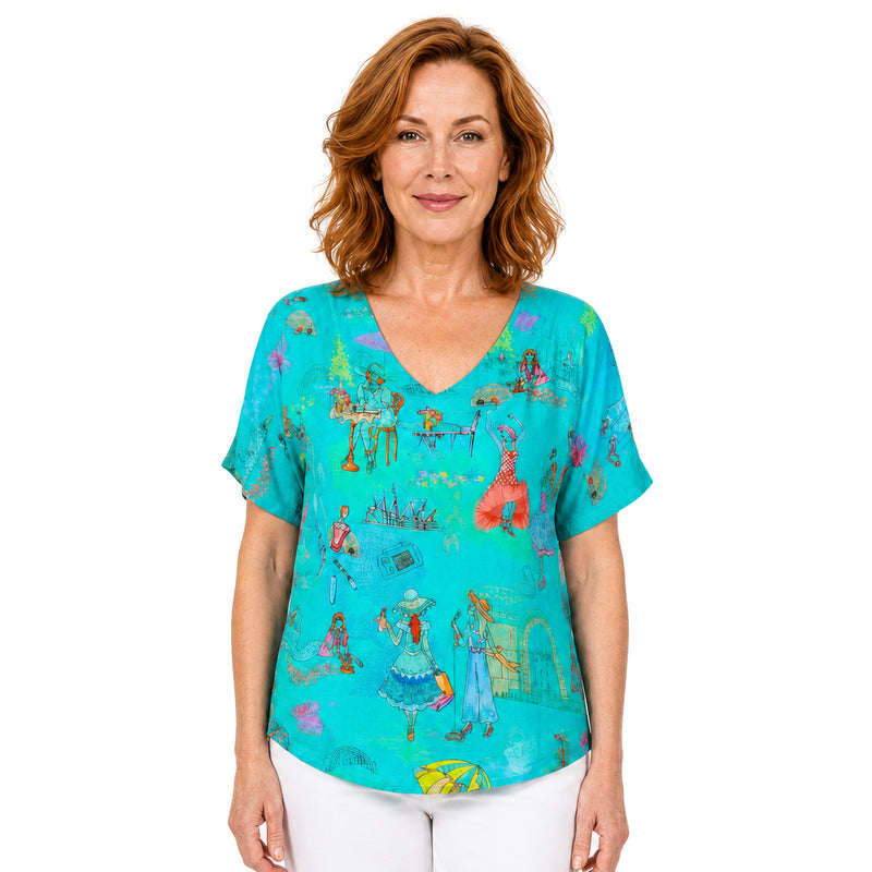 Woman wearing the Claire Powell Sirens V-Neck T-Shirt, front view