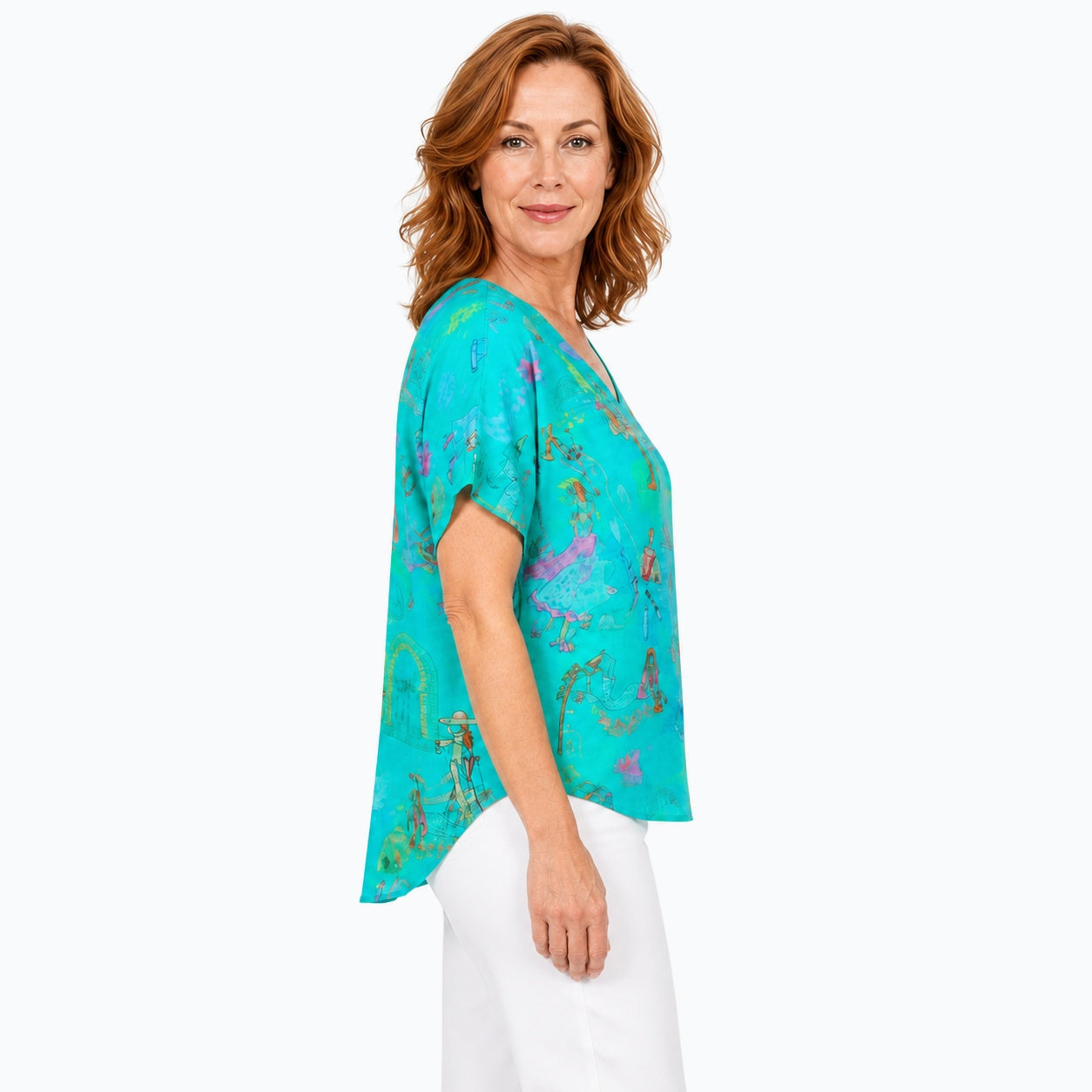 Woman wearing the Claire Powell Sirens V-Neck T-Shirt, side view
