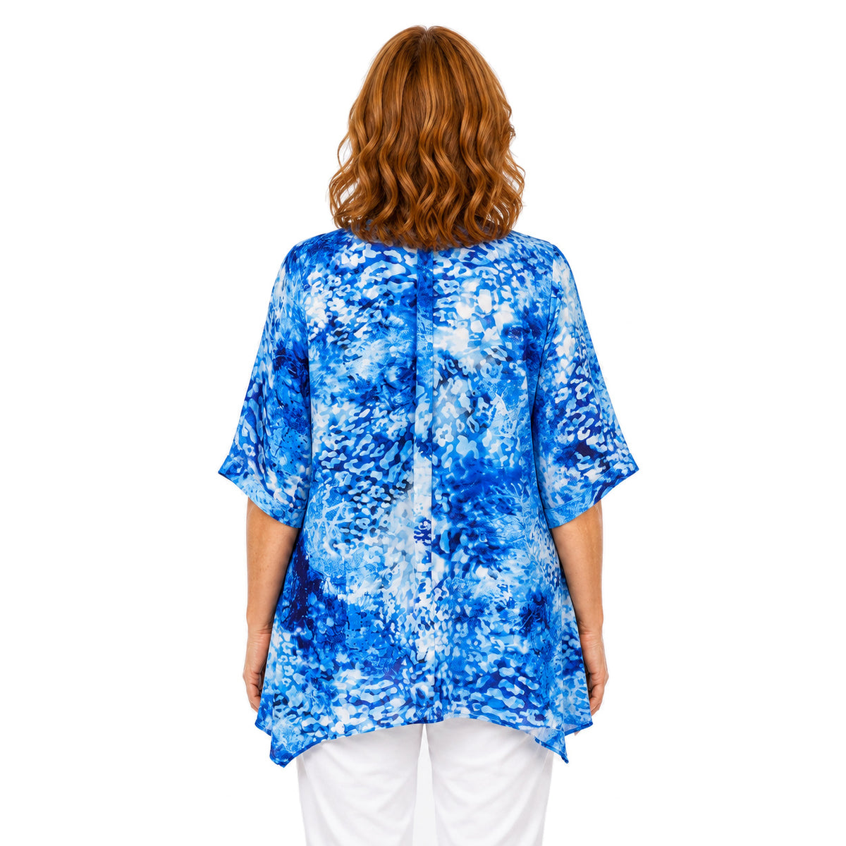 Woman wearing the Claire Powell Snowcat A-Line Tunic Shirt, back view