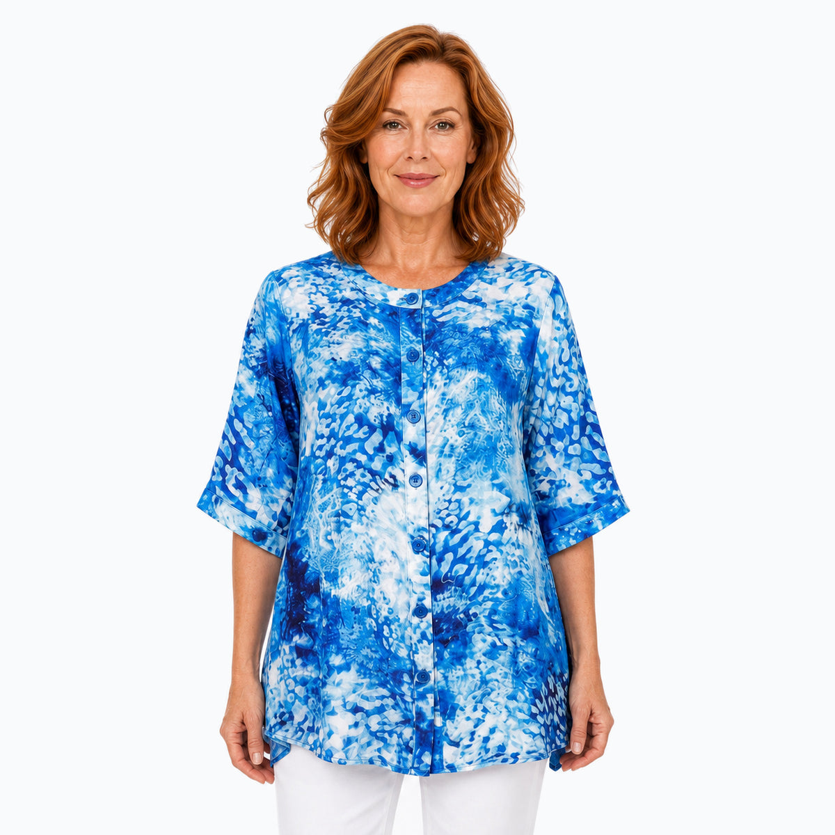 Woman wearing the Claire Powell Snowcat A-Line Tunic Shirt, front view