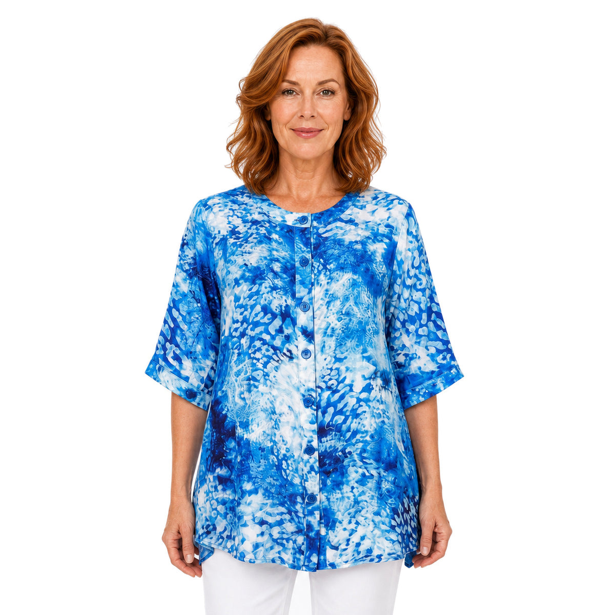 Woman wearing the Claire Powell Snowcat A-Line Tunic Shirt, front view