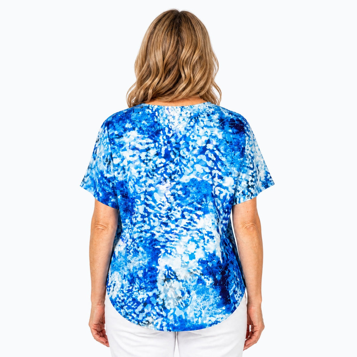 Woman wearing the Claire Powell Snowcat V-Neck T-Shirt, back view