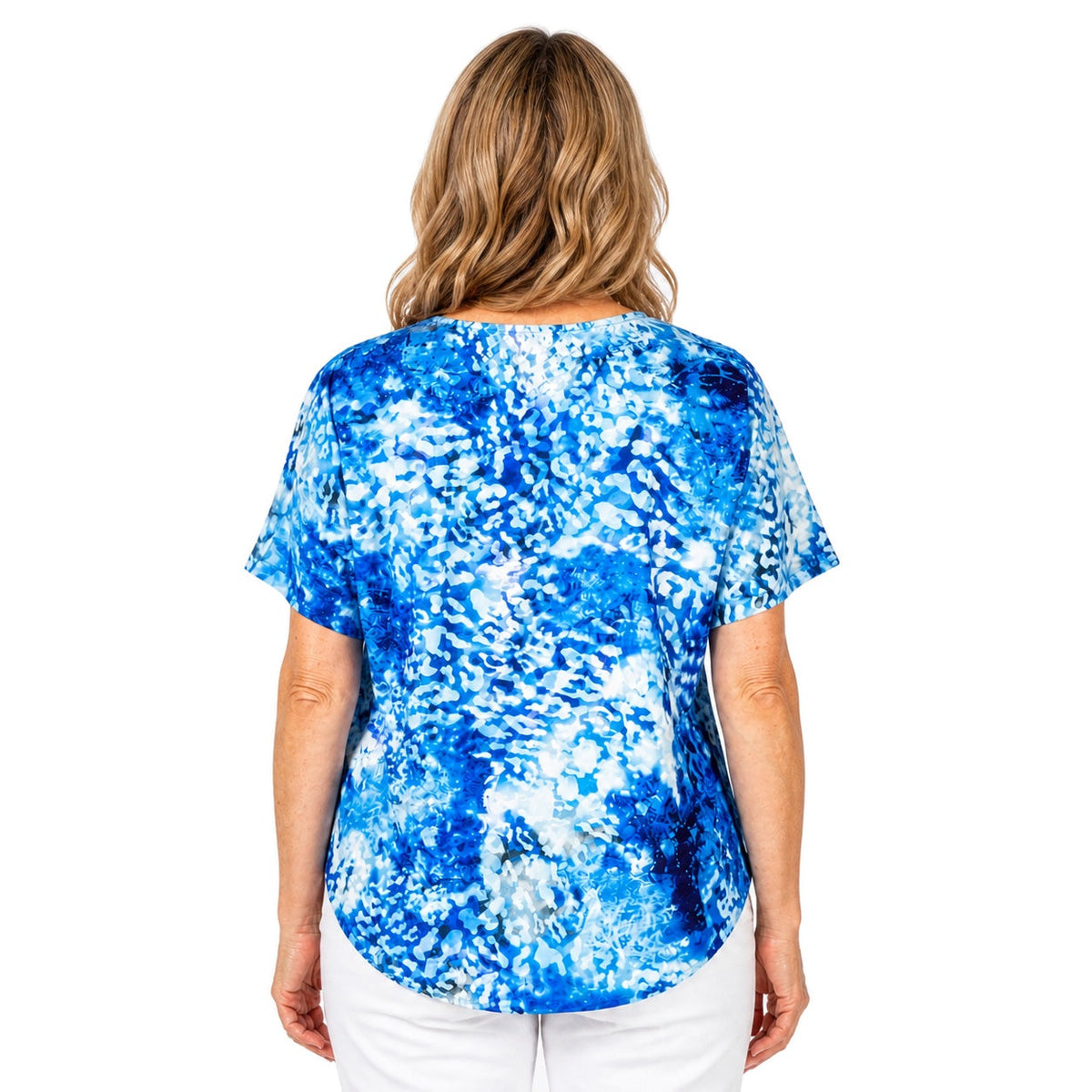 Woman wearing the Claire Powell Snowcat V-Neck T-Shirt, back view