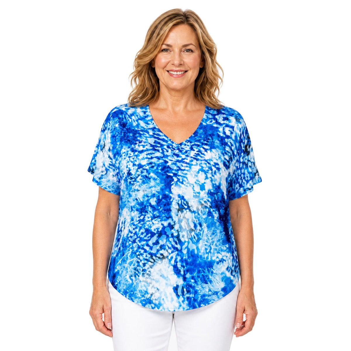 Woman wearing the Claire Powell Snowcat V-Neck T-Shirt, front view