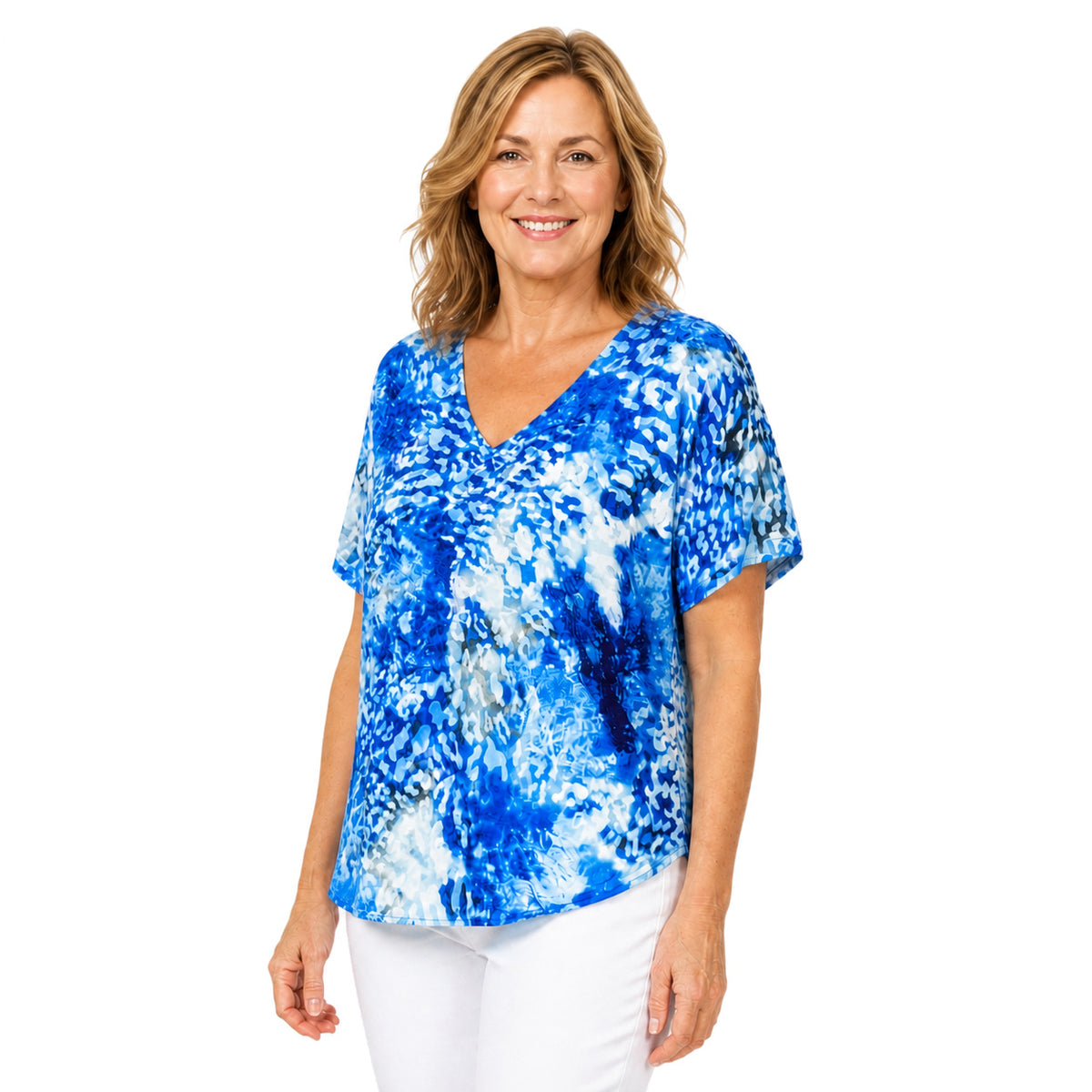 Woman wearing the Claire Powell Snowcat V-Neck T-Shirt, three-quarter view