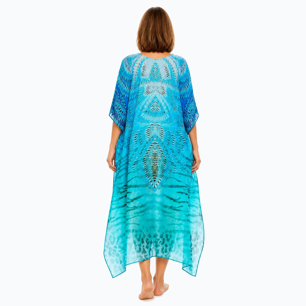 Claire Powell Spray midi kaftan dress on a mature woman, back view