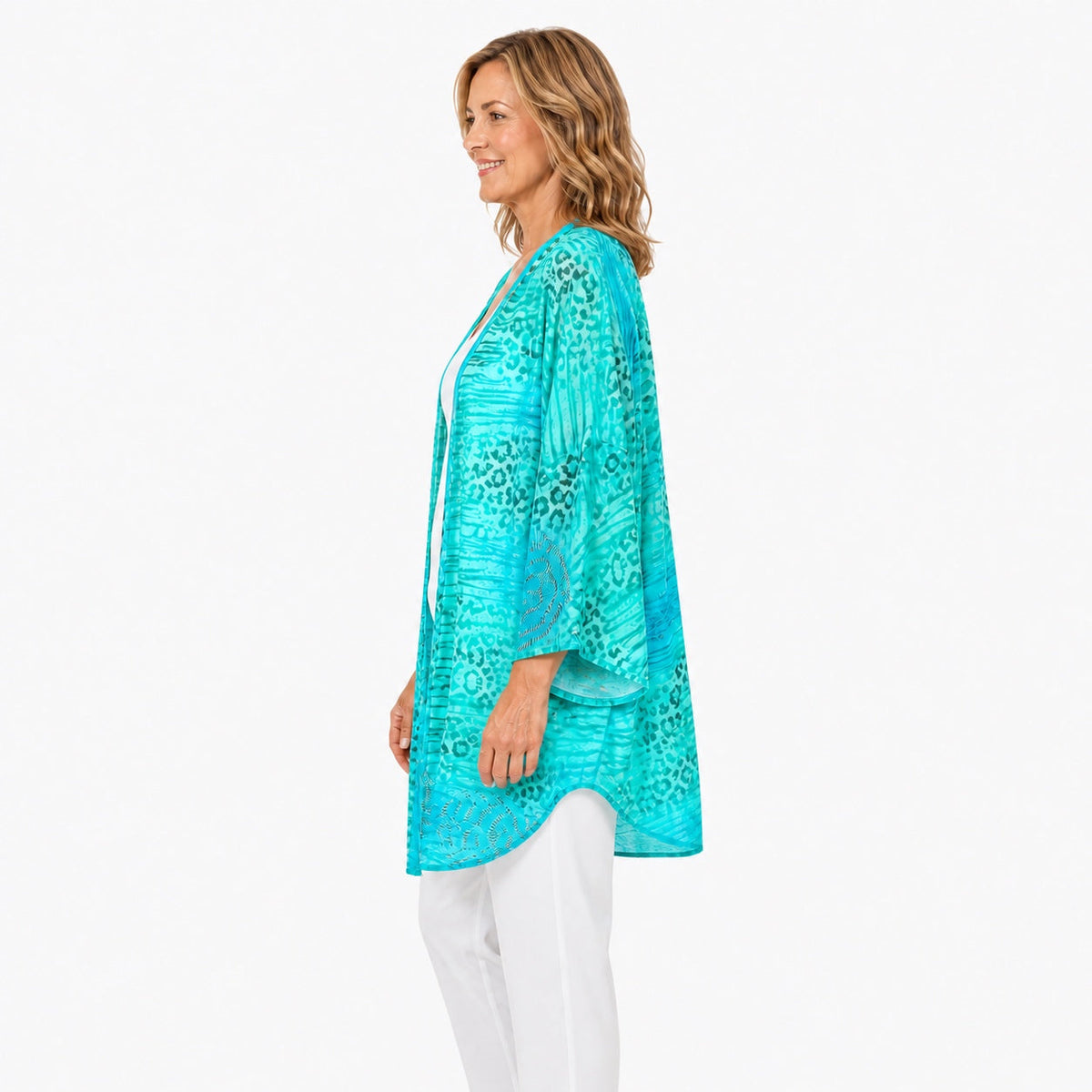 Woman wearing the Claire Powell Spray Modal Kimono Cover-Up, side view