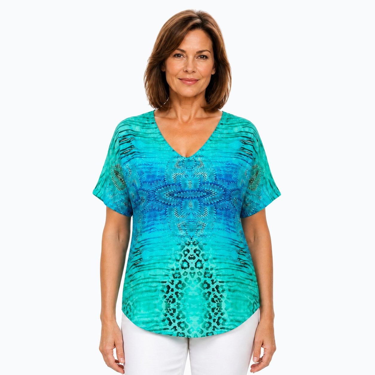 Woman wearing the Claire Powell Spray V-Neck T-Shirt, front view