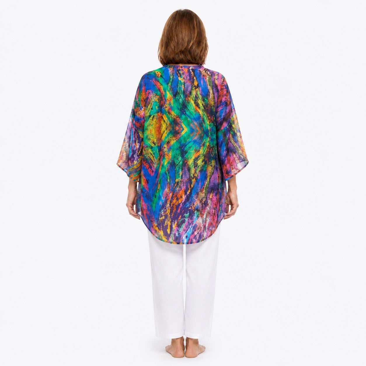 Woman wearing the Claire Powell Surprise Modal Kimono Cover-Up, back view