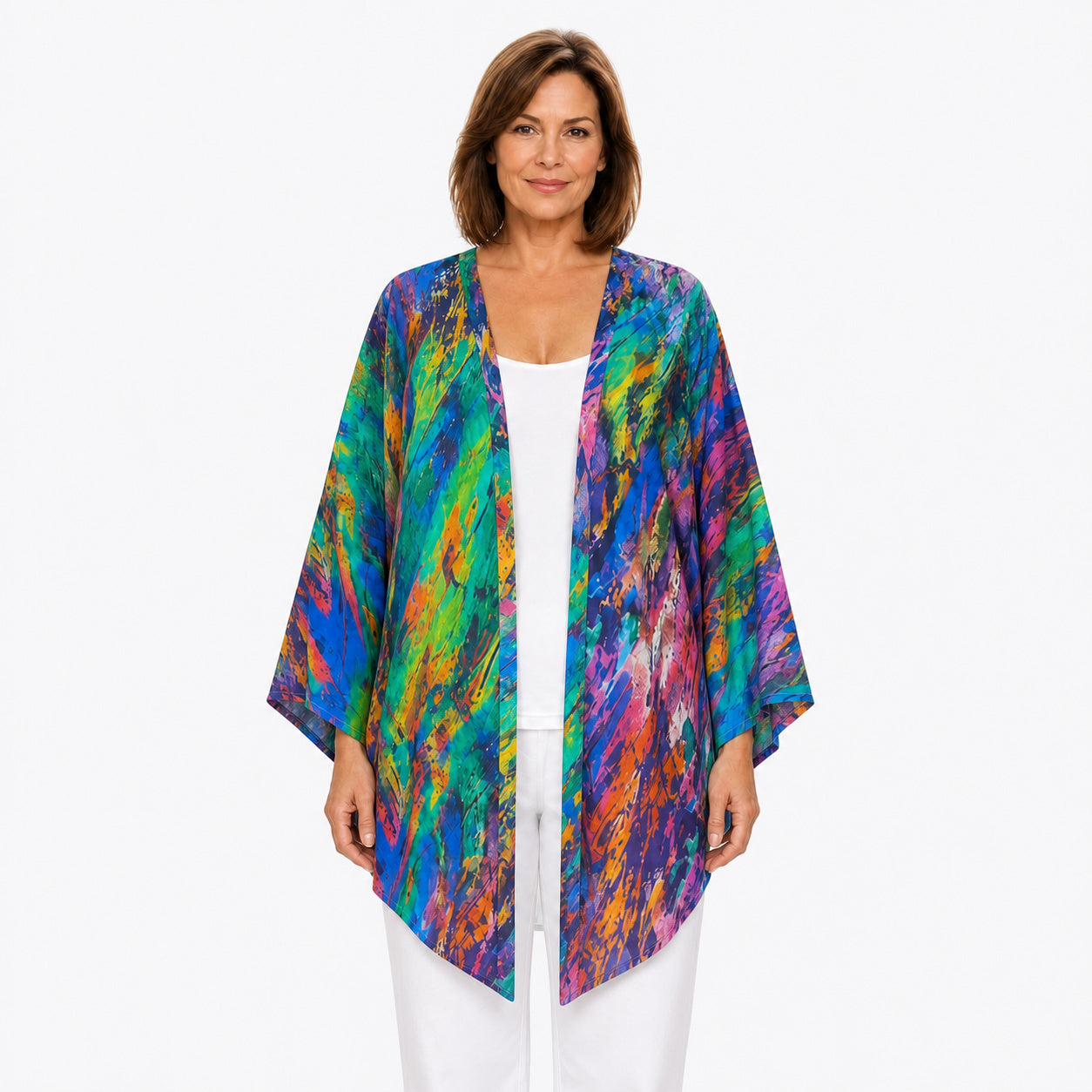 Woman wearing the Claire Powell Surprise Modal Kimono Cover-Up, front view