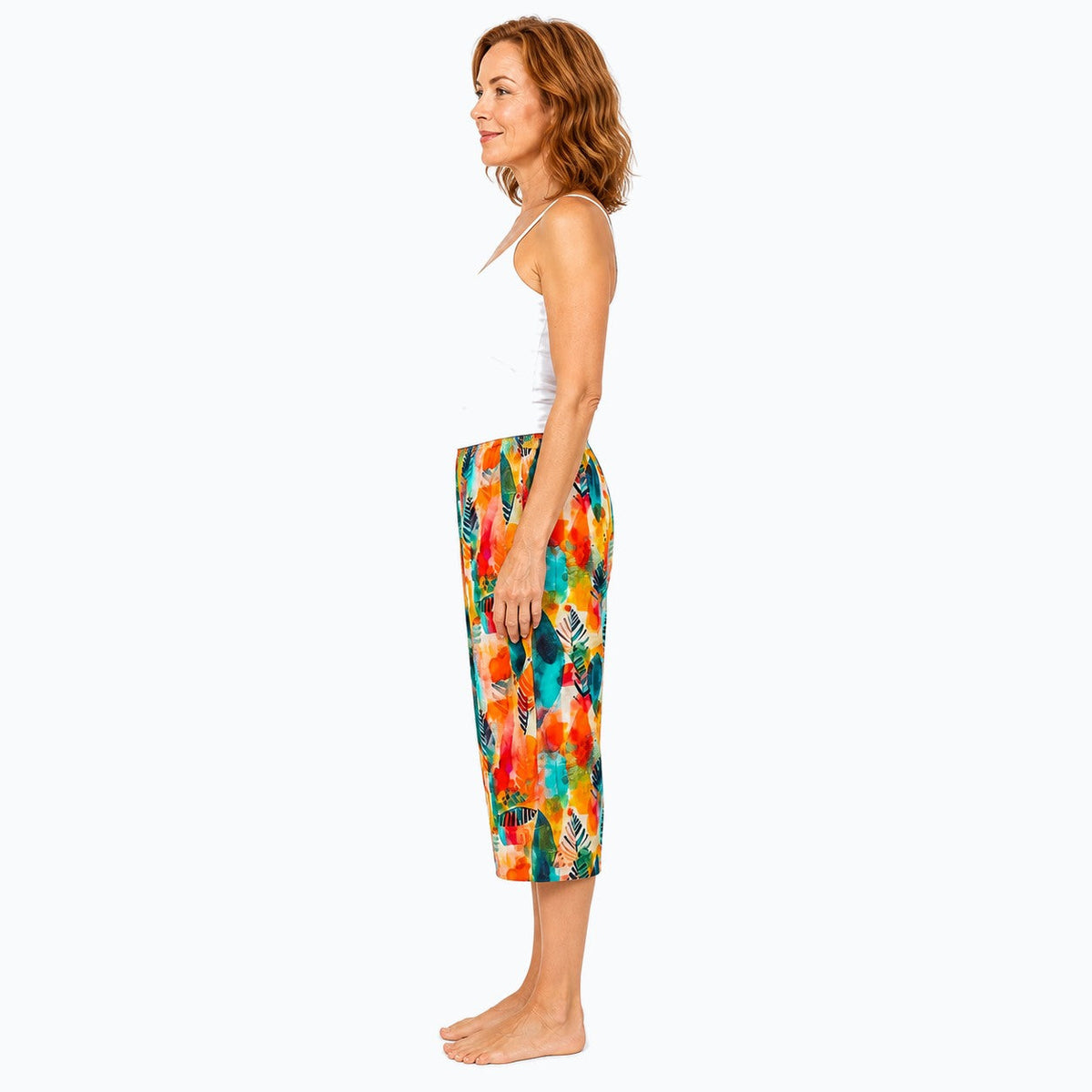 Woman wearing the Claire Powell Tropicana Cotton 7/8 Pants, side view