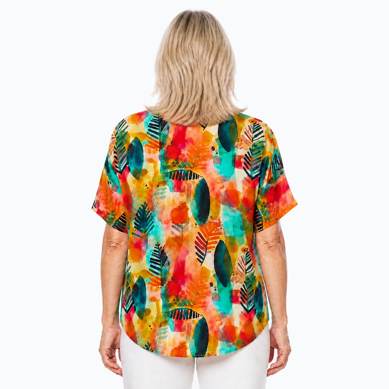 Woman wearing the Claire Powell Tropicana V-Neck T-Shirt, back view