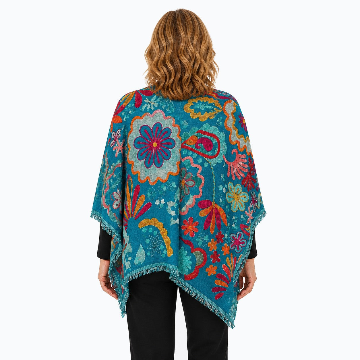 Woman wearing the Claire Powell Turquoise Wool Shawl, back view