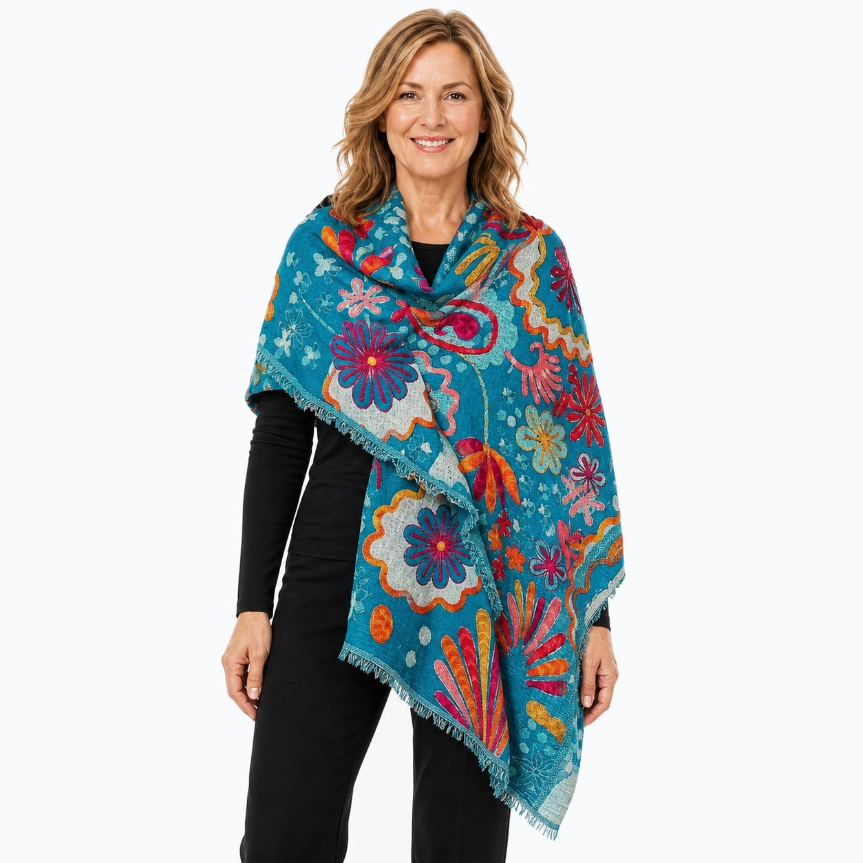 Woman wearing the Claire Powell Turquoise Wool Shawl, three-quarter view