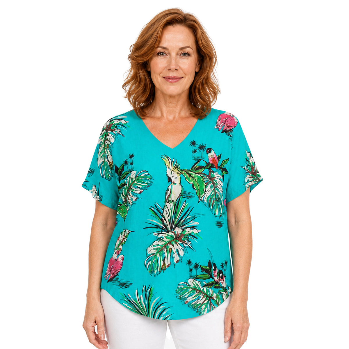 Woman wearing the Claire Powell Tweet V-Neck T-Shirt, front view