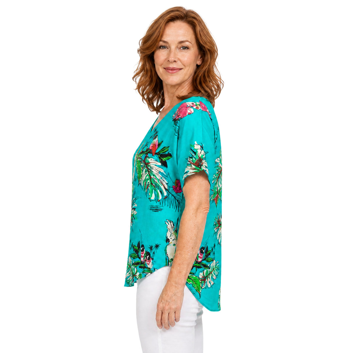 Woman wearing the Claire Powell Tweet V-Neck T-Shirt, side view