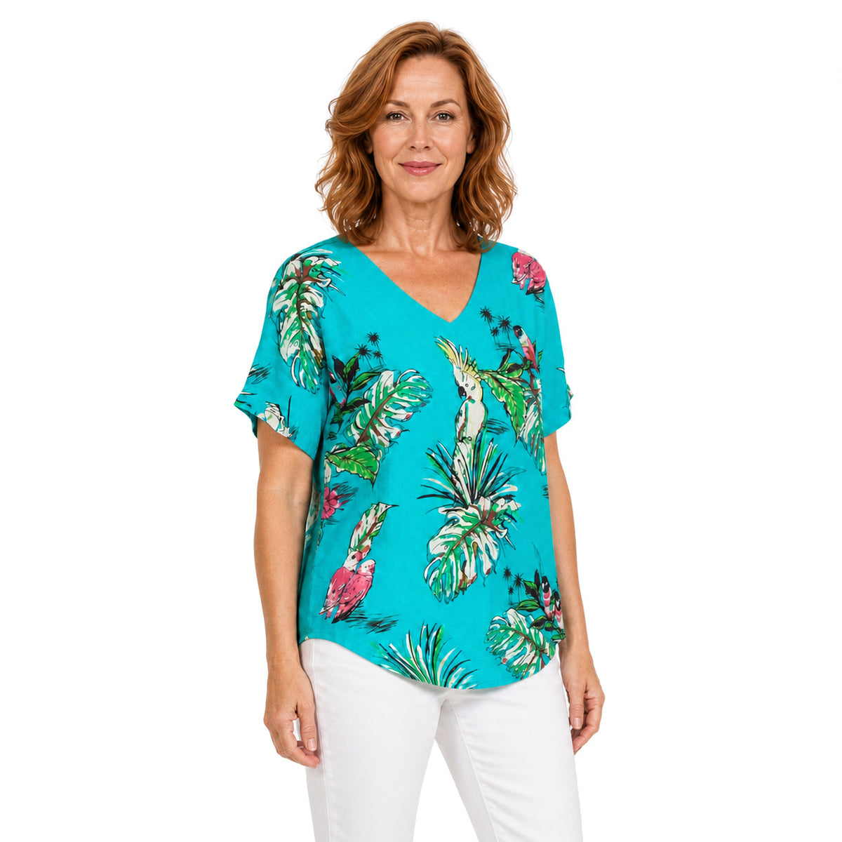 Woman wearing the Claire Powell Tweet V-Neck T-Shirt, three-quarter view