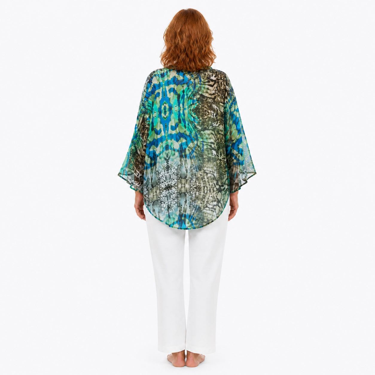 Woman wearing the Claire Powell Vision Modal Kimono Cover-Up, back view