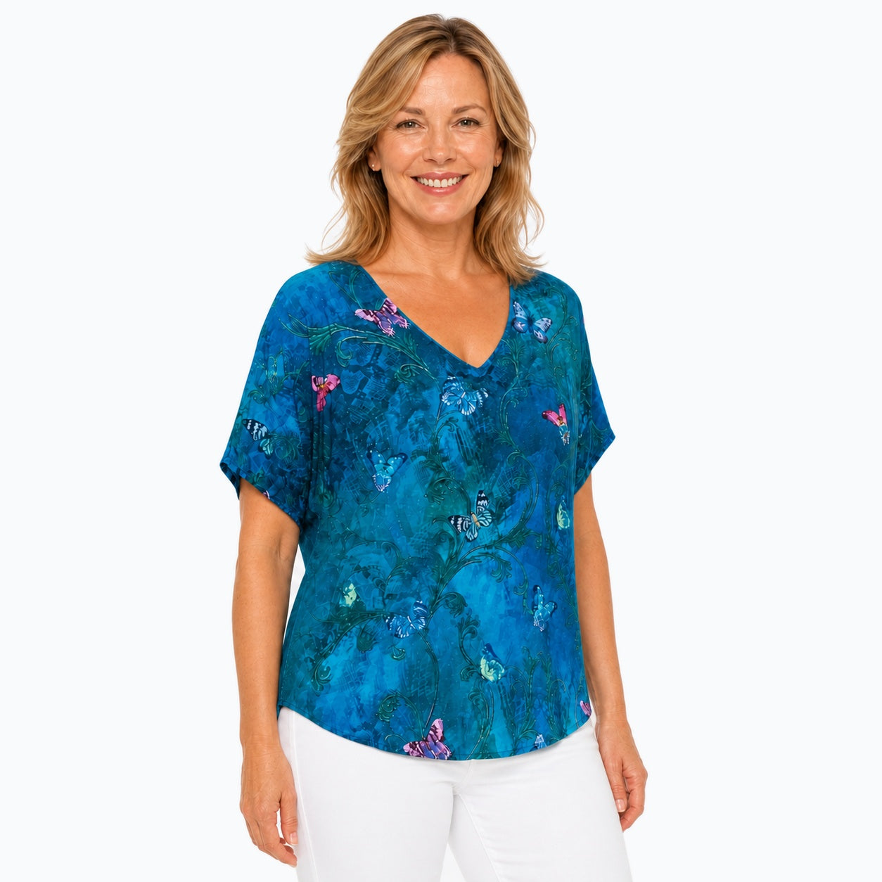 Woman wearing the Claire Powell Whisper V-Neck T-Shirt, three-quarter view