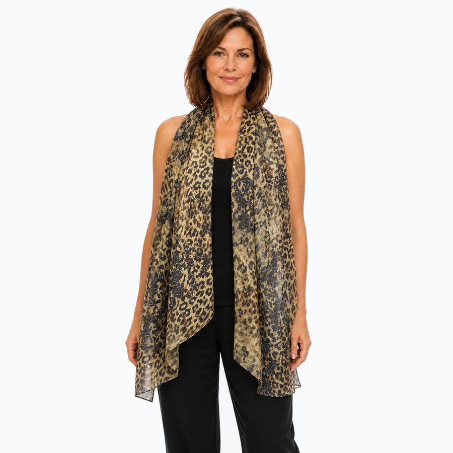 Woman wearing the Claire Powell Wilden Silk Scarf, front view