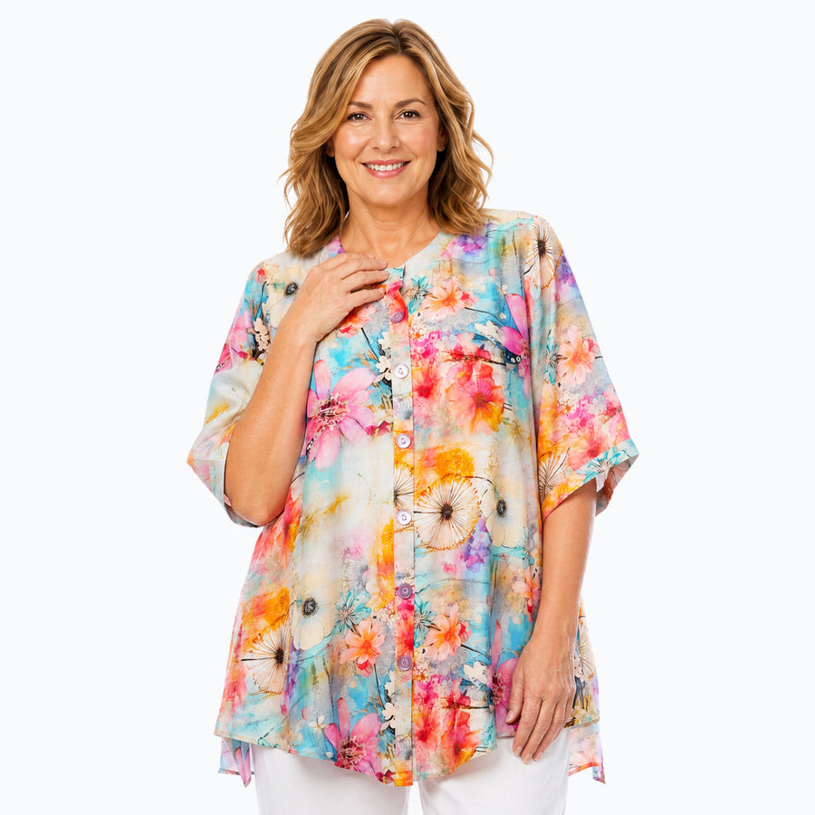Woman wearing the Claire Powell Zen A-Line Tunic Shirt, front view
