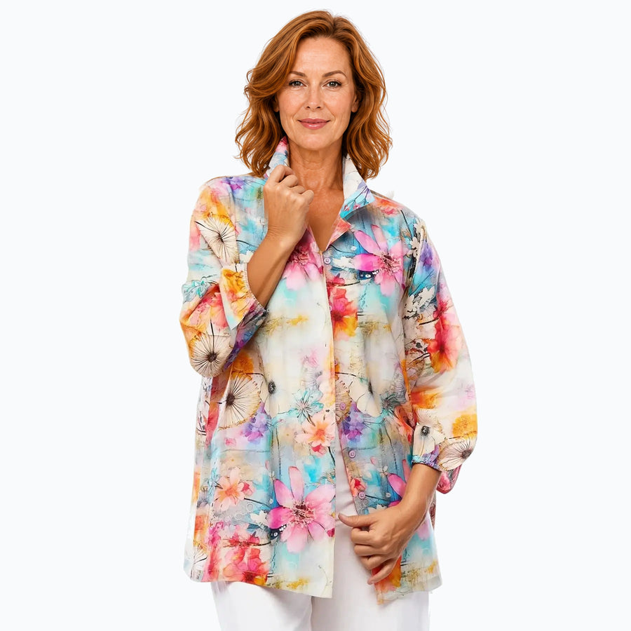 Model C wearing the Claire Powell Zen Collared Silk Shirt, front view