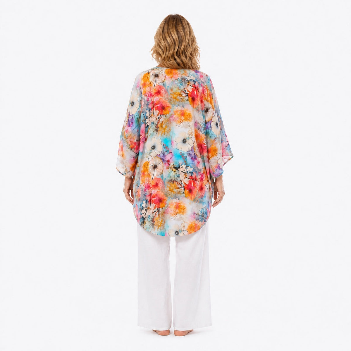 Woman wearing the Claire Powell Zen Modal Kimono Cover-Up, back view