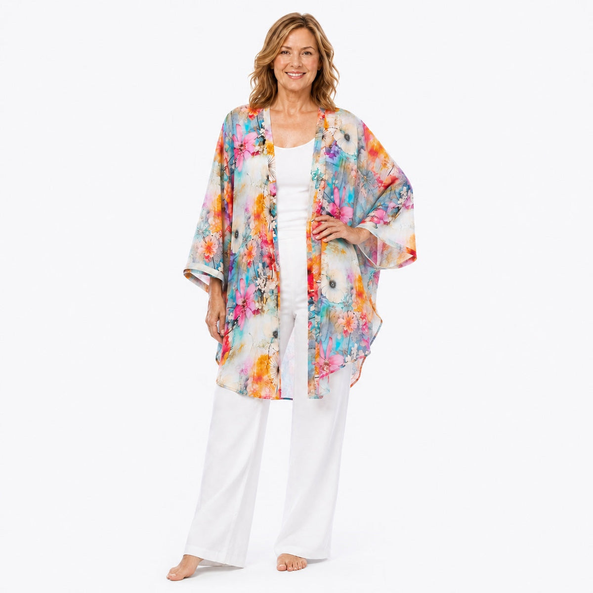 Woman wearing the Claire Powell Zen Modal Kimono Cover-Up, fashion pose