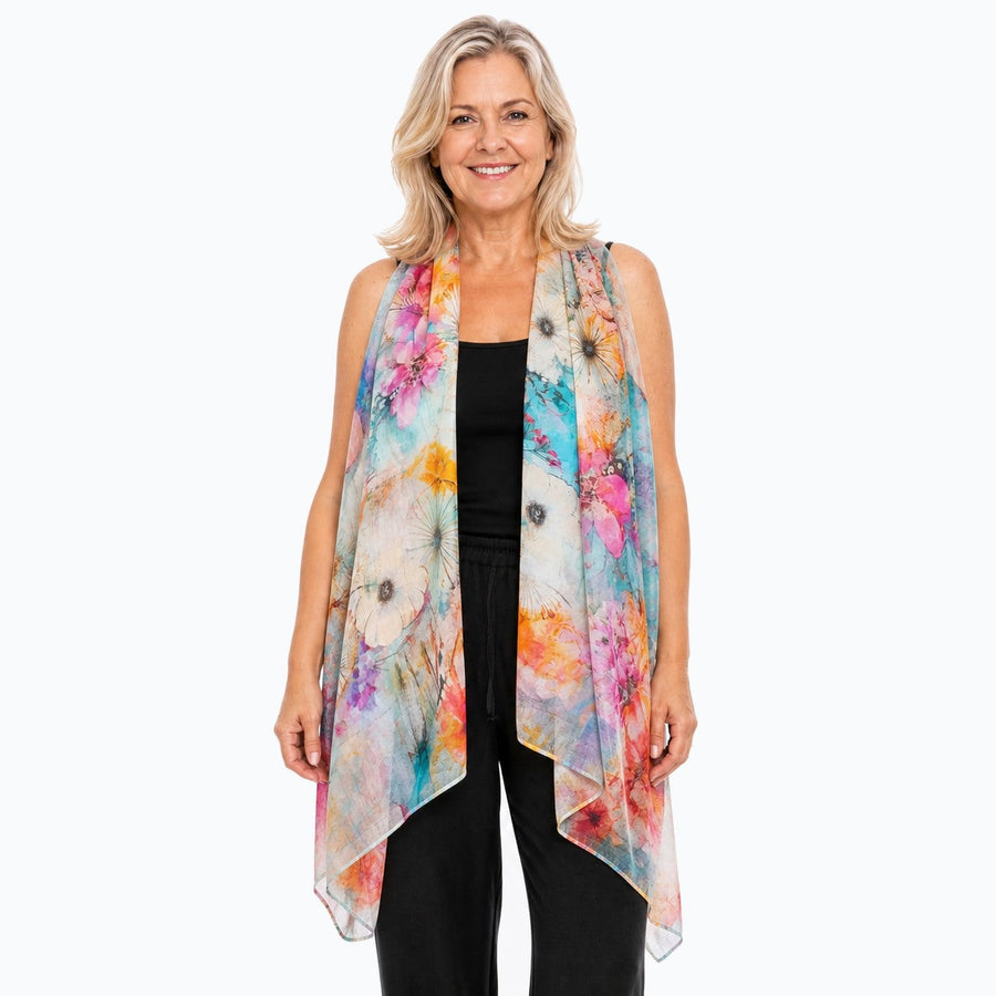 Woman wearing the Claire Powell Zen Silk Scarf, front view