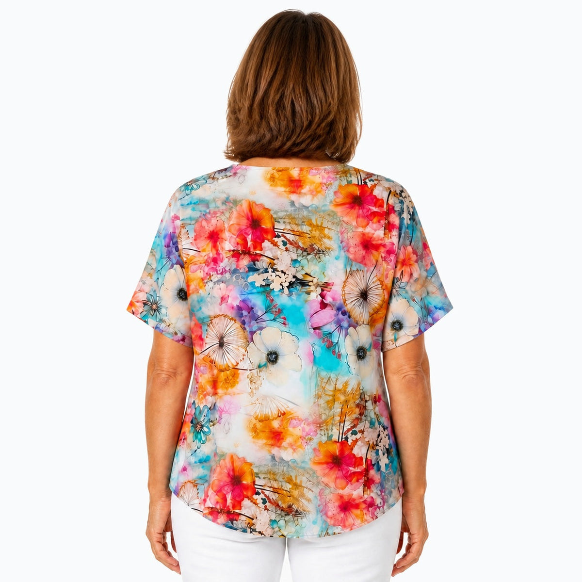 Woman wearing the Claire Powell Zen V-Neck T-Shirt, back view