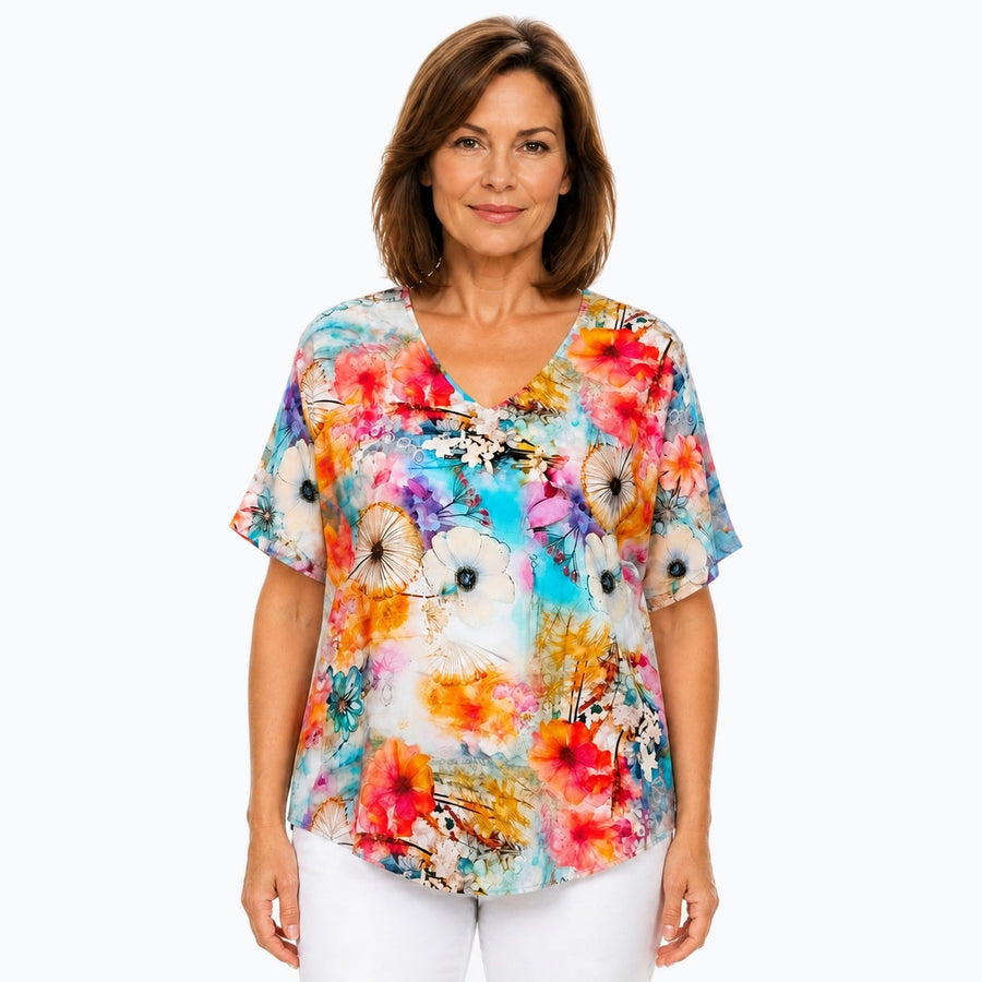 Woman wearing the Claire Powell Zen V-Neck T-Shirt, front view