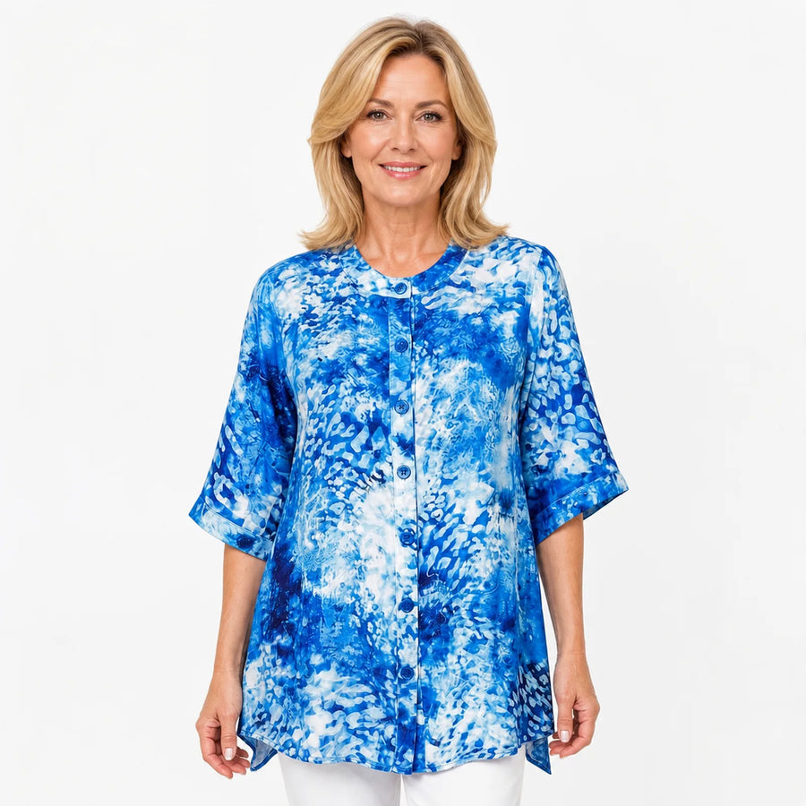 Claire Powell Snowcat A-line tunic blouse on a 50-year-old Caucasian model, front view