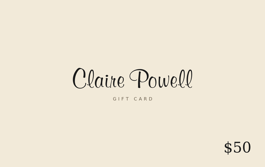 Claire Powell digital gift card, $50 denomination, delivered by email
