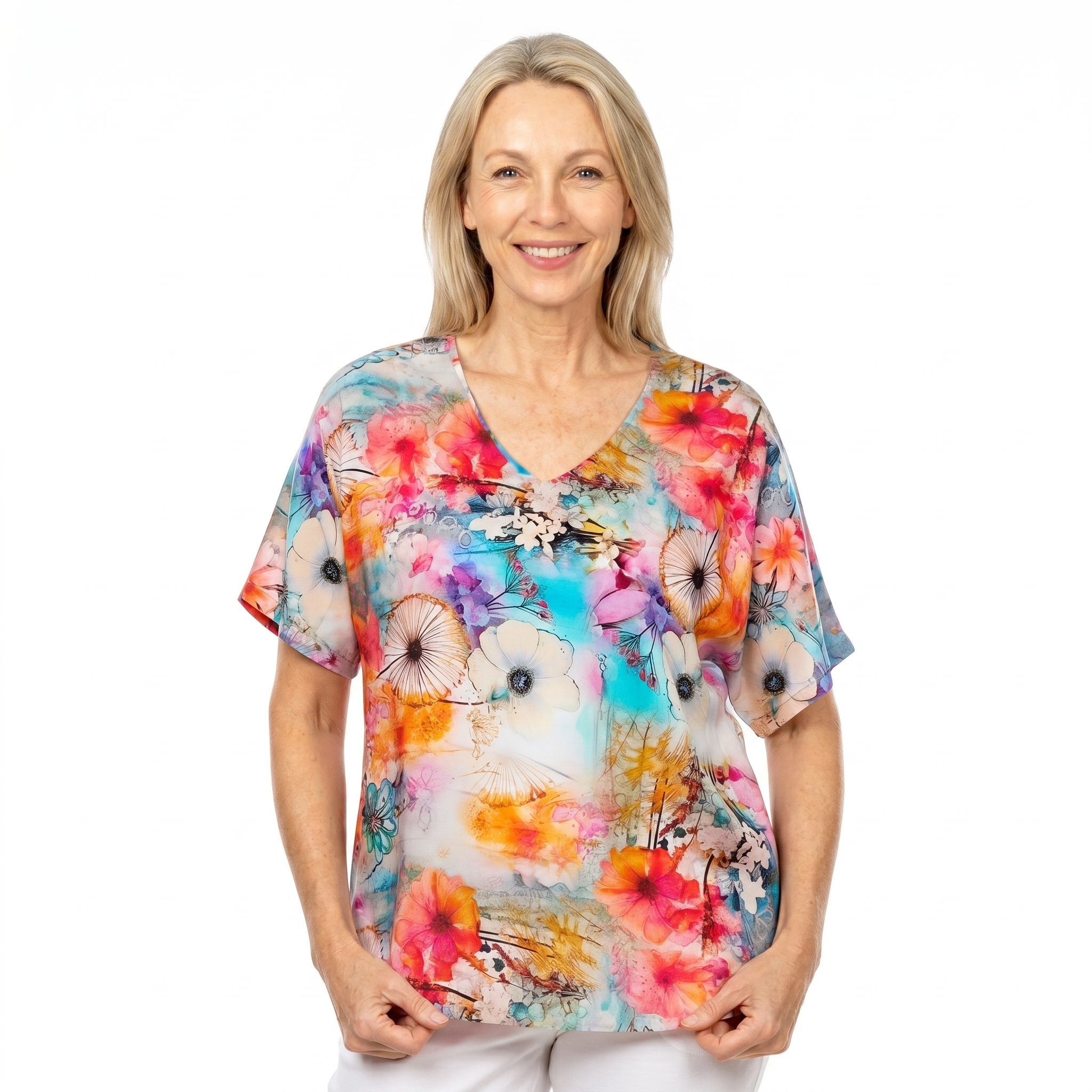 Woman wearing Claire Powell V-Neck T-Shirt in Zen print, front view, white studio background