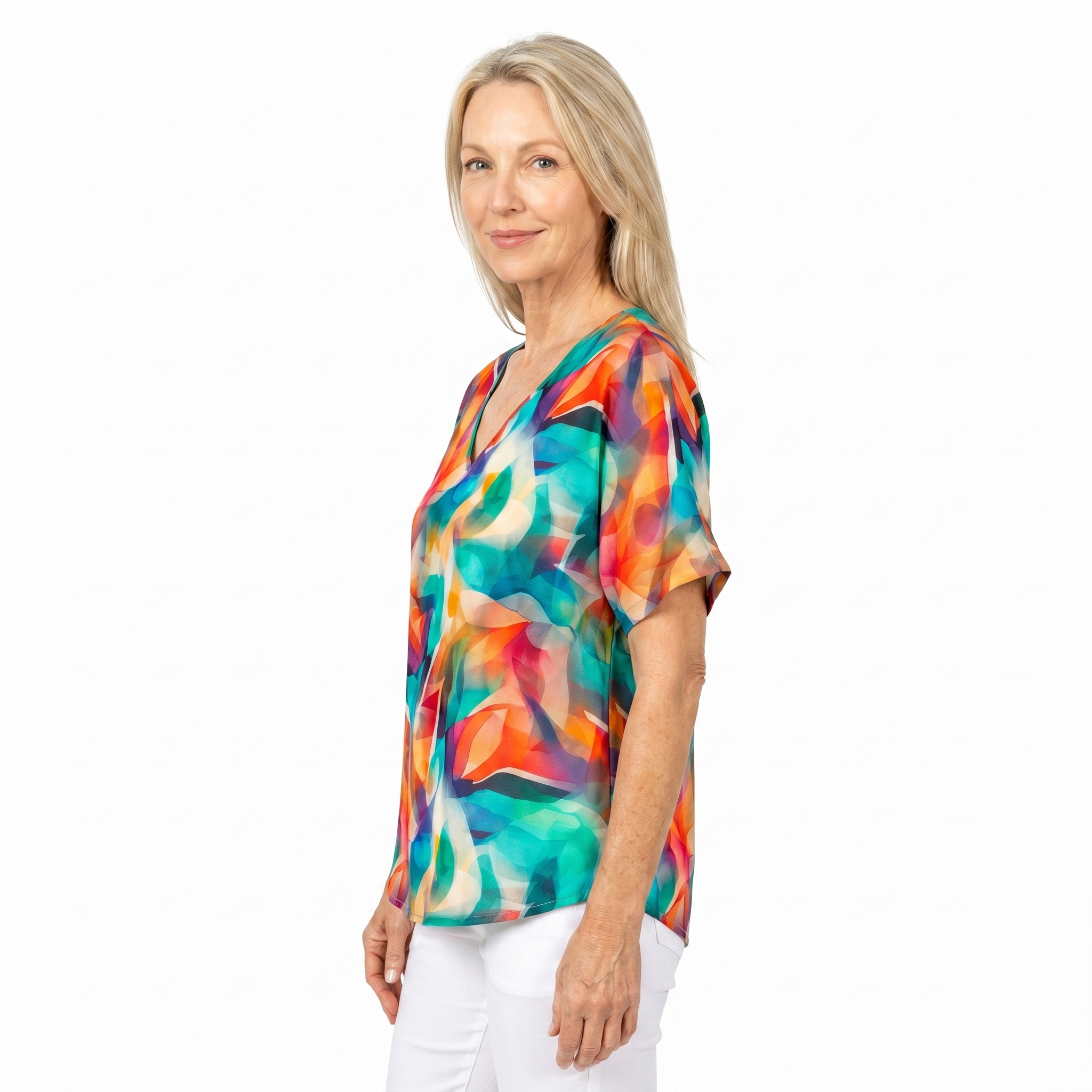 Woman wearing Claire Powell V-Neck T-Shirt in Shine print, side view, white studio background