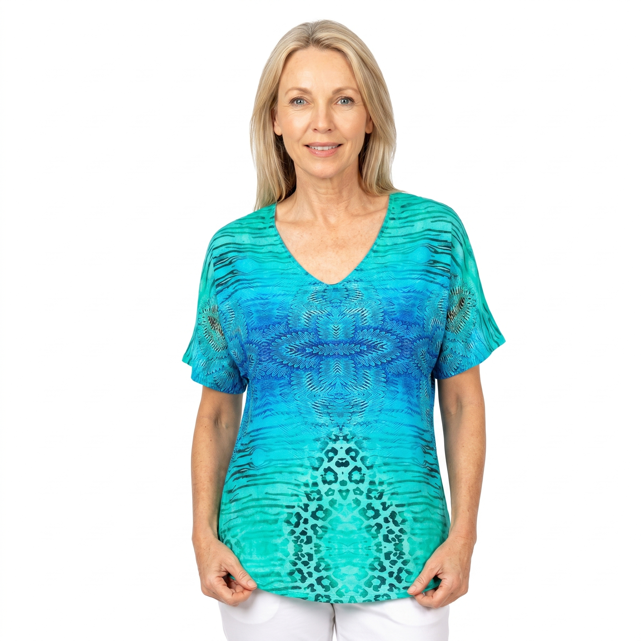 Woman wearing Claire Powell V-Neck T-Shirt in Spray print, front view, white studio background