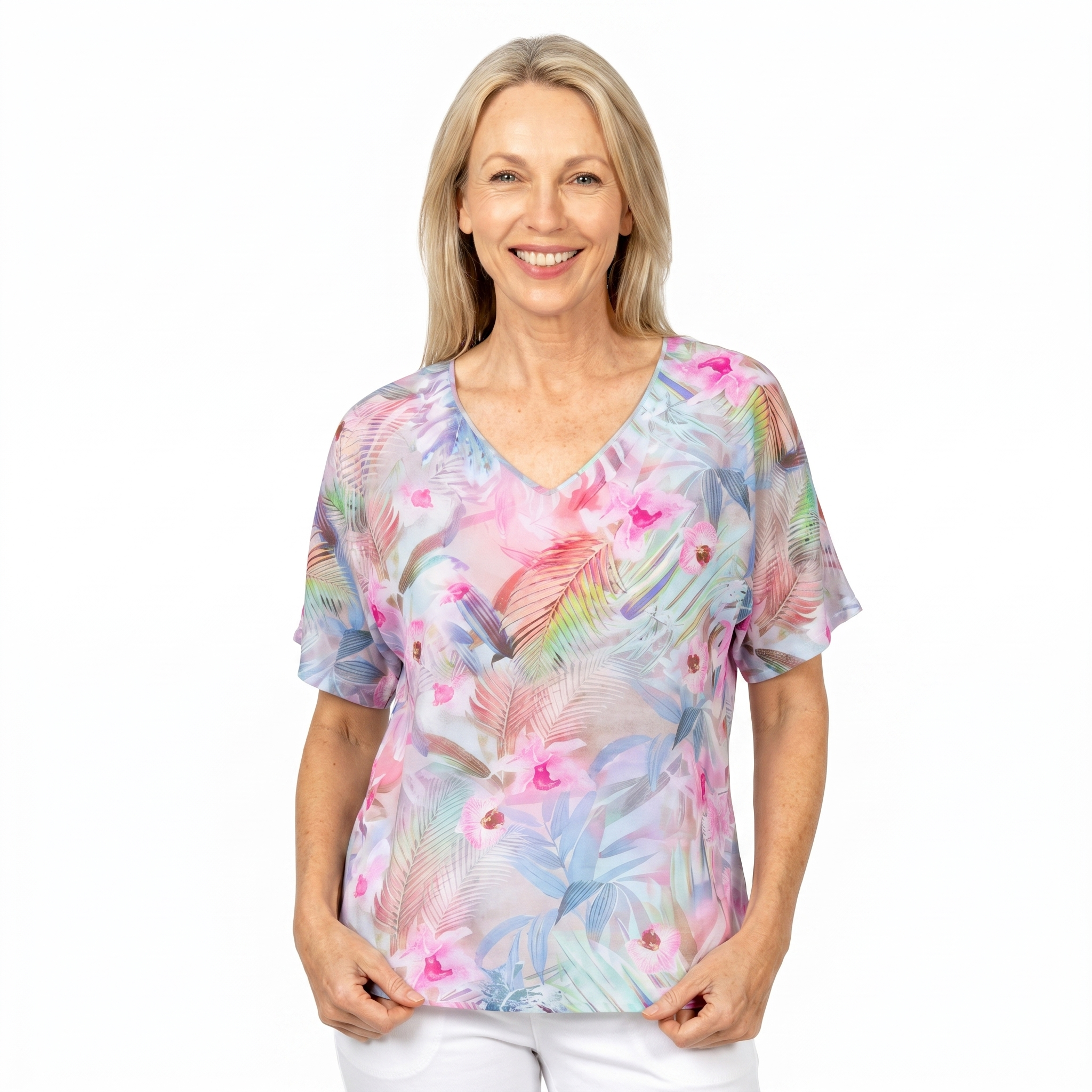 Woman wearing Claire Powell V-Neck T-Shirt in Singapore print, front view, white studio background