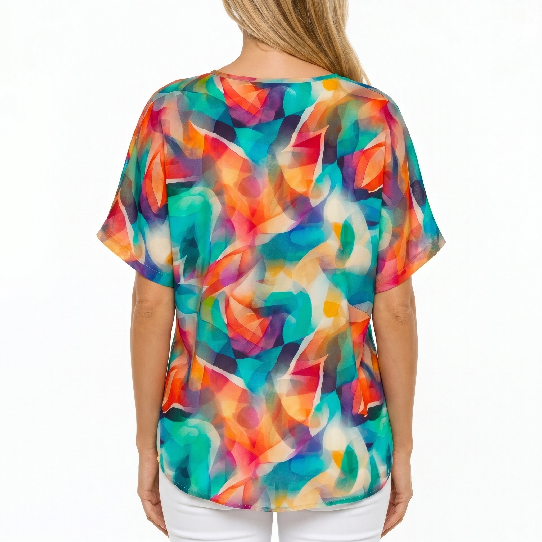 Woman wearing Claire Powell V-Neck T-Shirt in Shine print, back view, white studio background