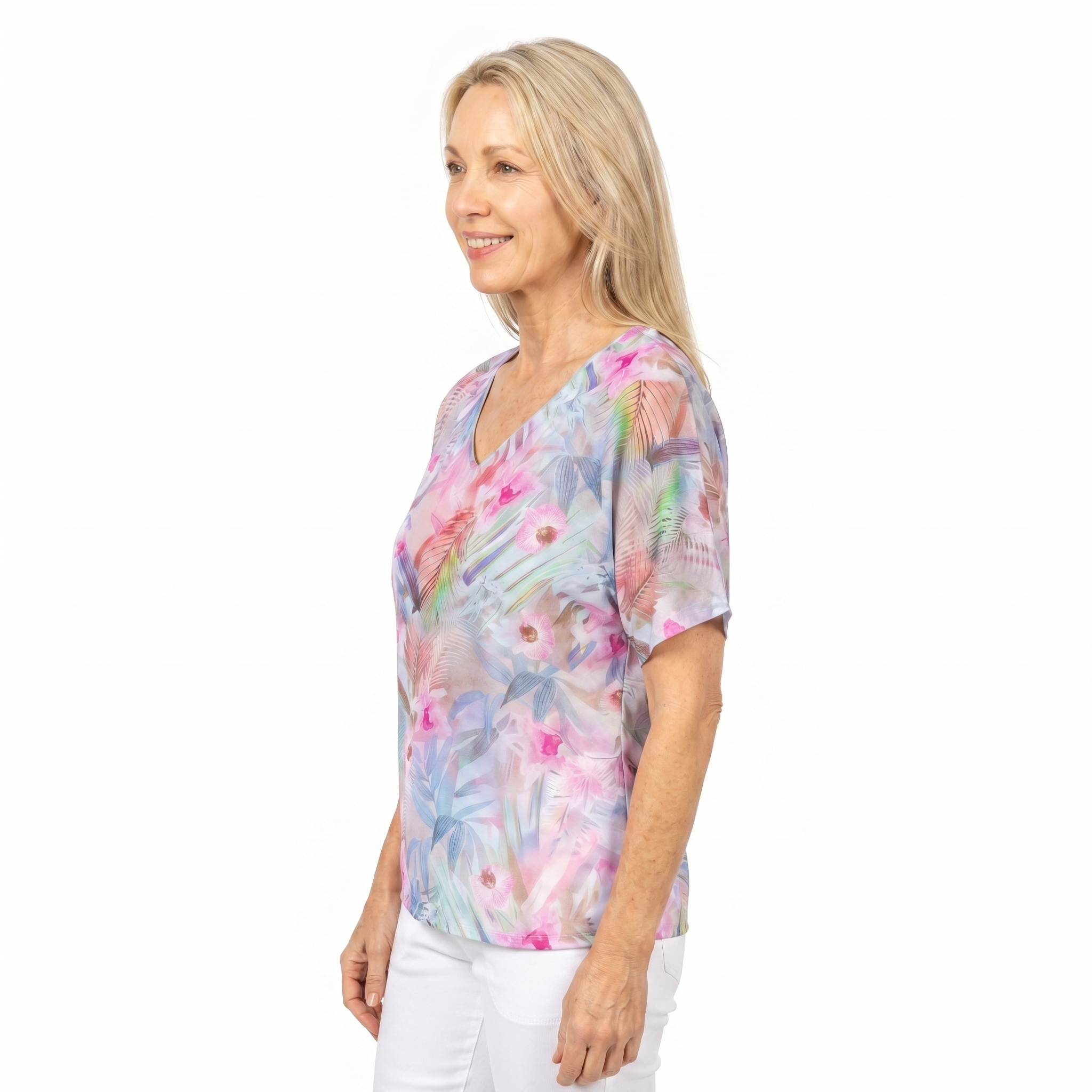 Woman wearing Claire Powell V-Neck T-Shirt in Singapore print, side view, white studio background