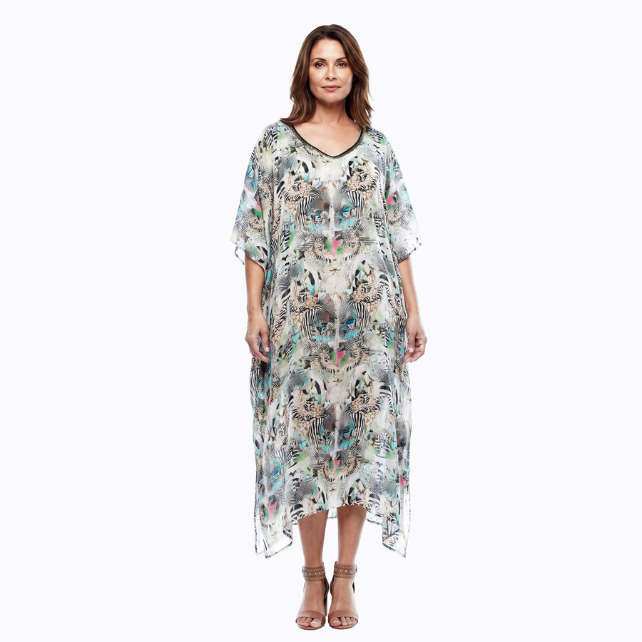 Claire Powell Kaftan Dress (Zebra) – front view with beaded V-neckline