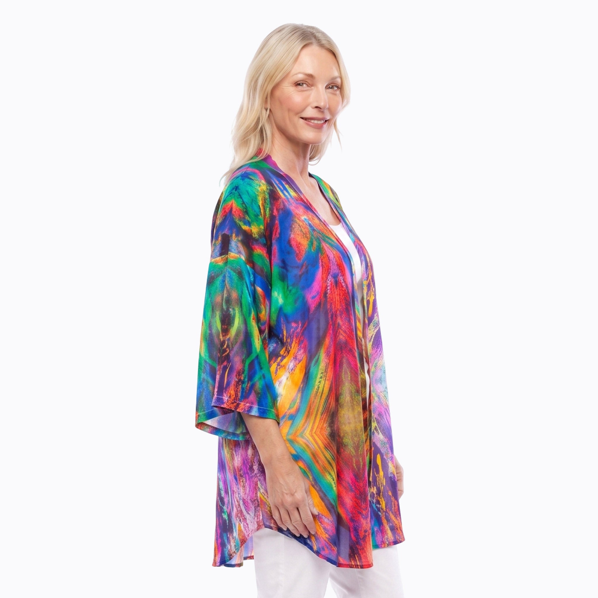 Woman wearing Claire Powell Modal Kimono Cover-Up in Surprise print, multicoloured, side view