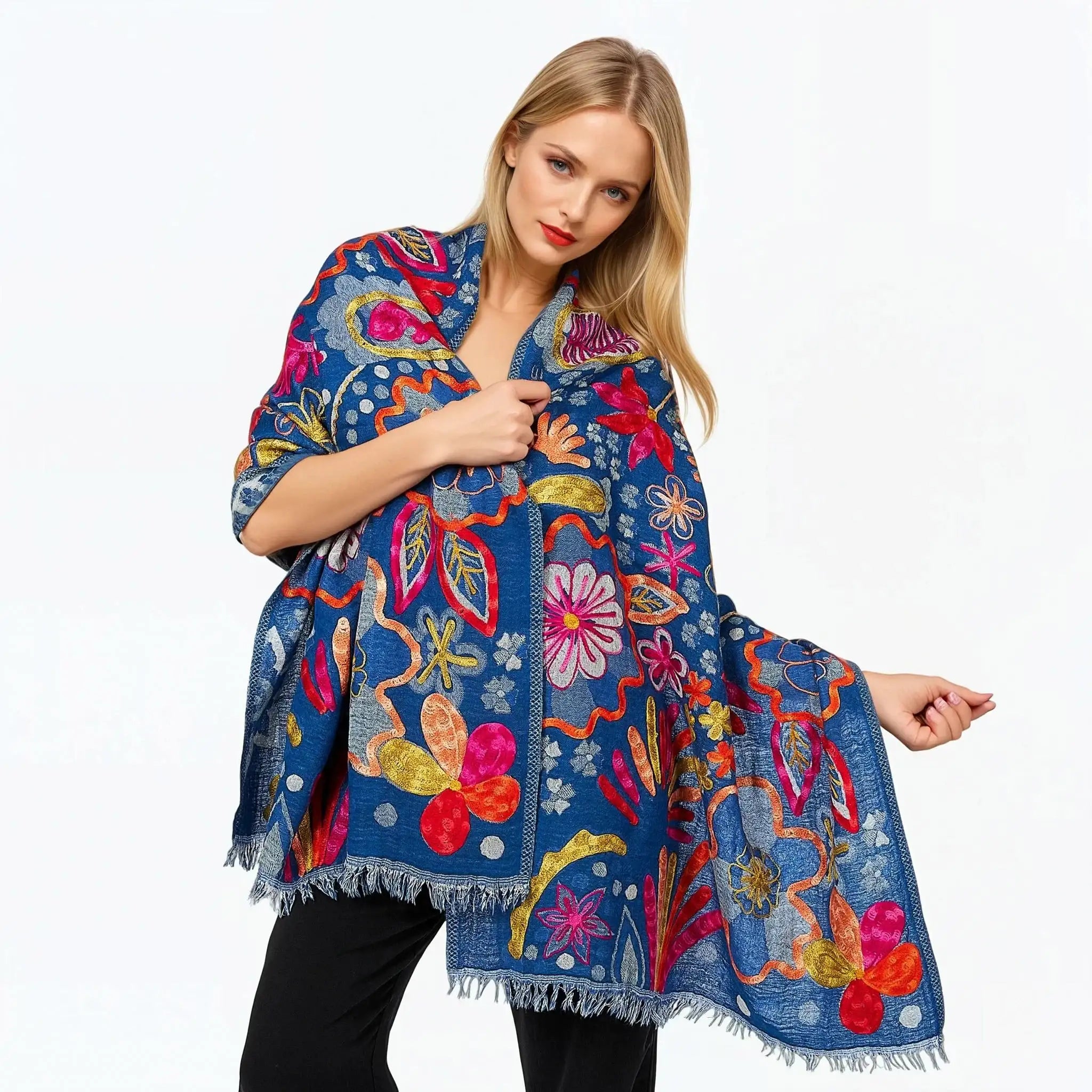 Woman wearing a colorful floral kimono shawl by Claire Powell, eco-friendly women's clothing