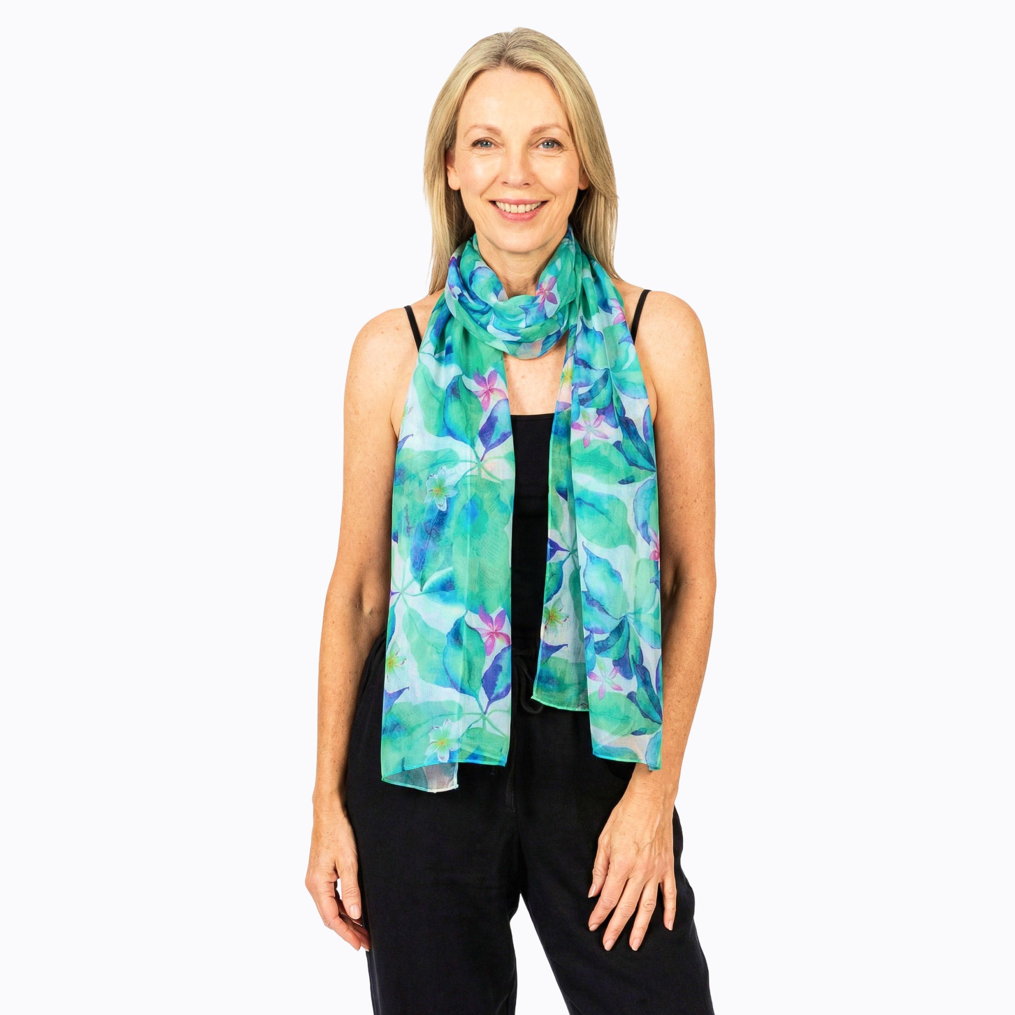 Claire Powell Silk Scarf in Broome print, teal, green and purple watercolour floral mulberry silk