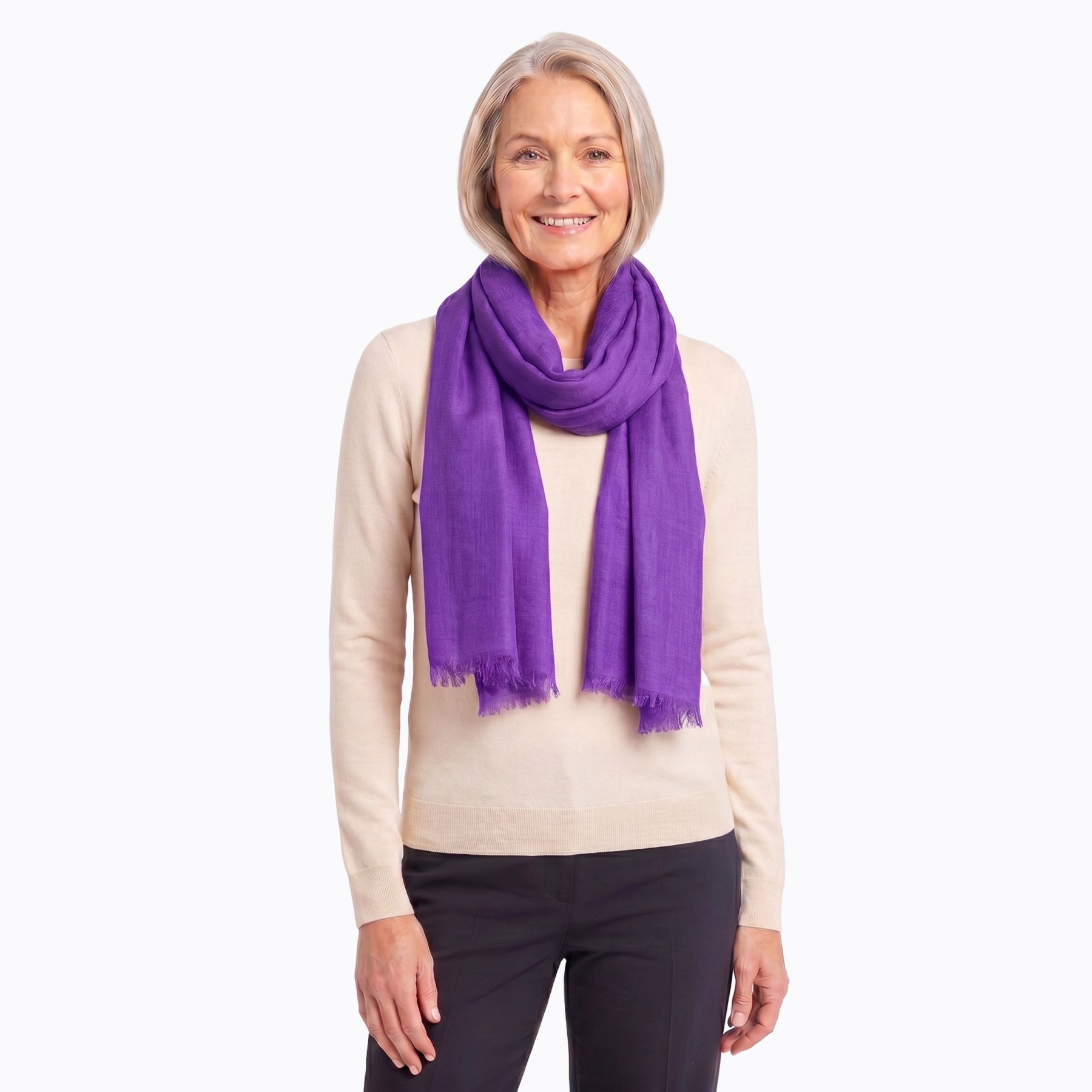 Plum wool silk scarf draped over the shoulder - Claire Powell
