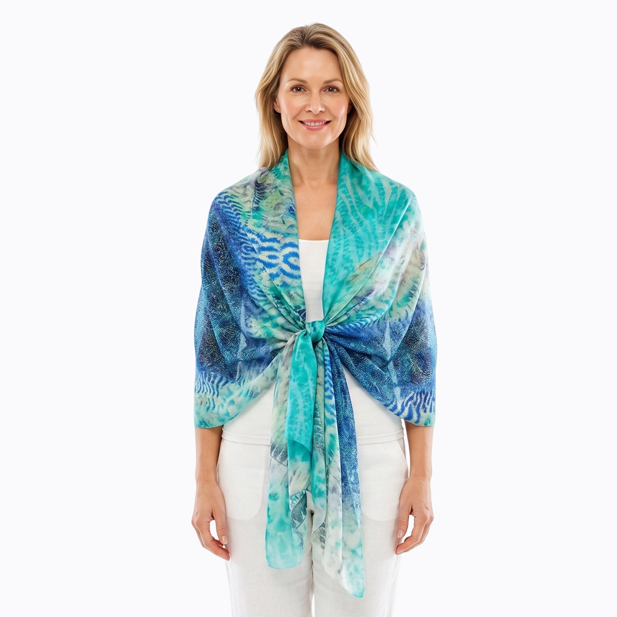 Claire Powell Silk Scarf in Marine print, blue and turquoise mulberry silk, worn at the front