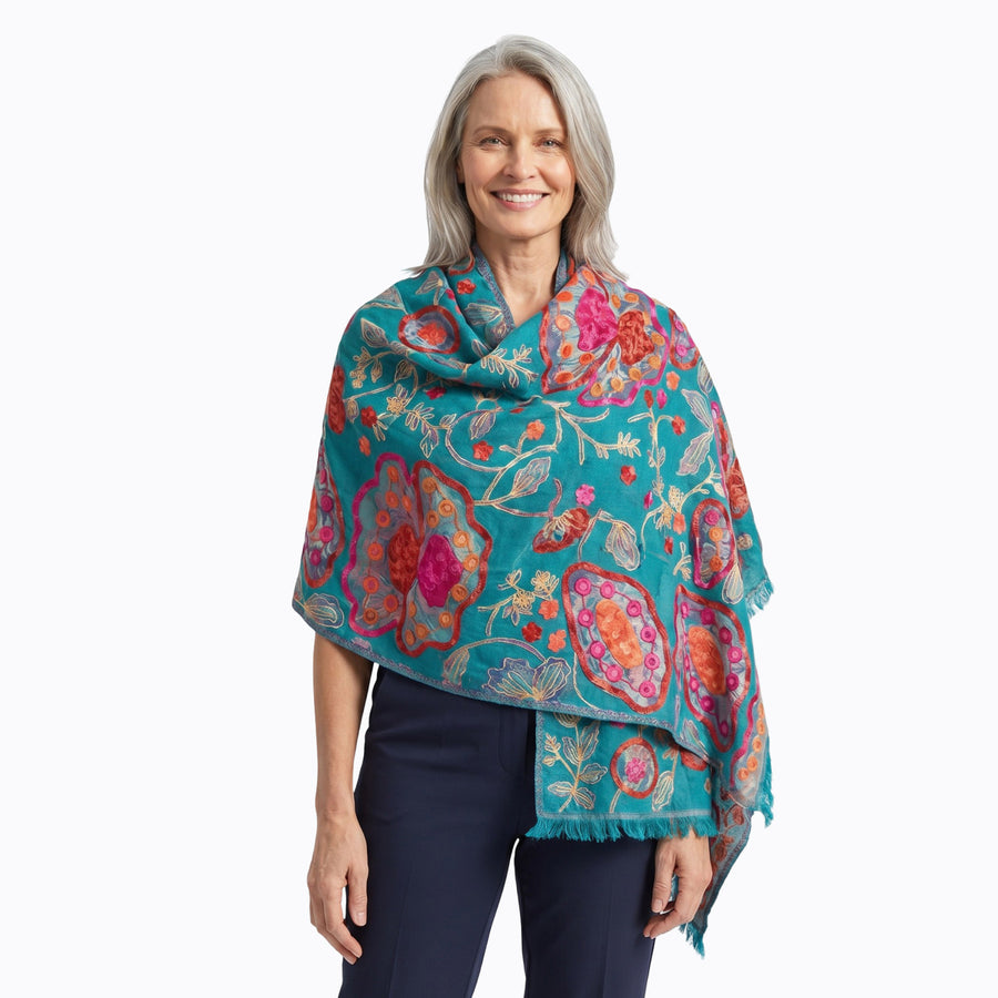 Coastal blue embroidered wool shawl and wrap - Claire Powell