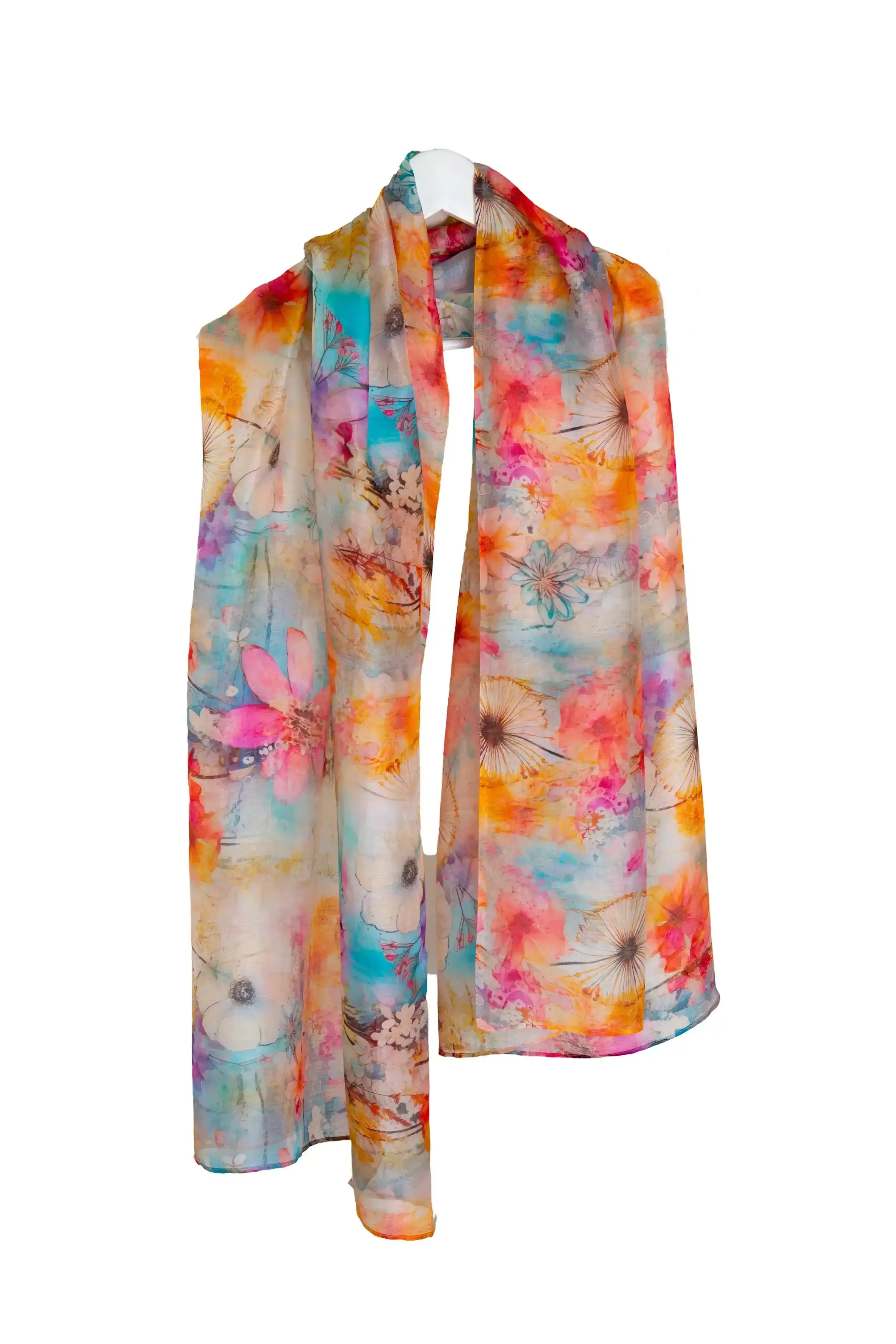 Claire Powell eco-friendly colorful floral scarf with watercolor design on white background